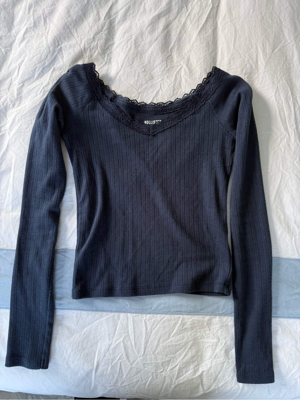 Hollister Navy Ribbed Long-Sleeve Top with Lace Trim